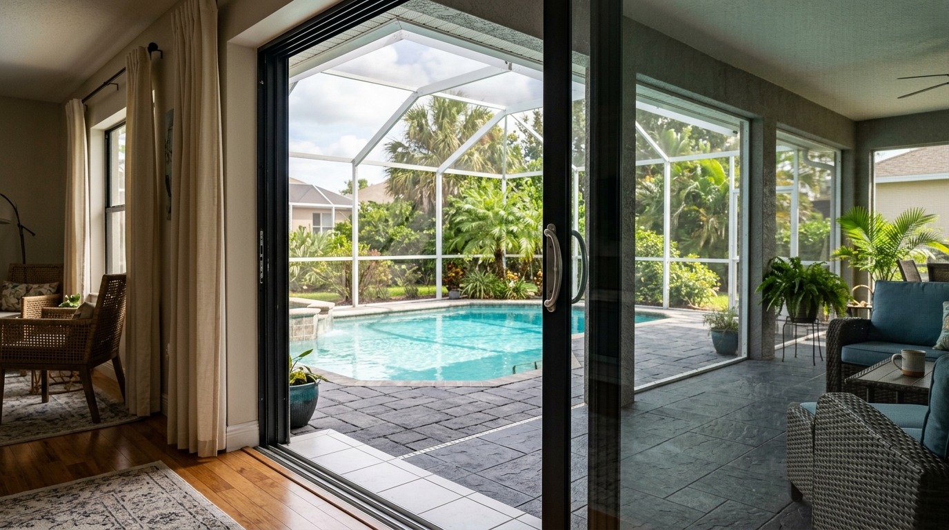 Sliding door open to screened pool lanai