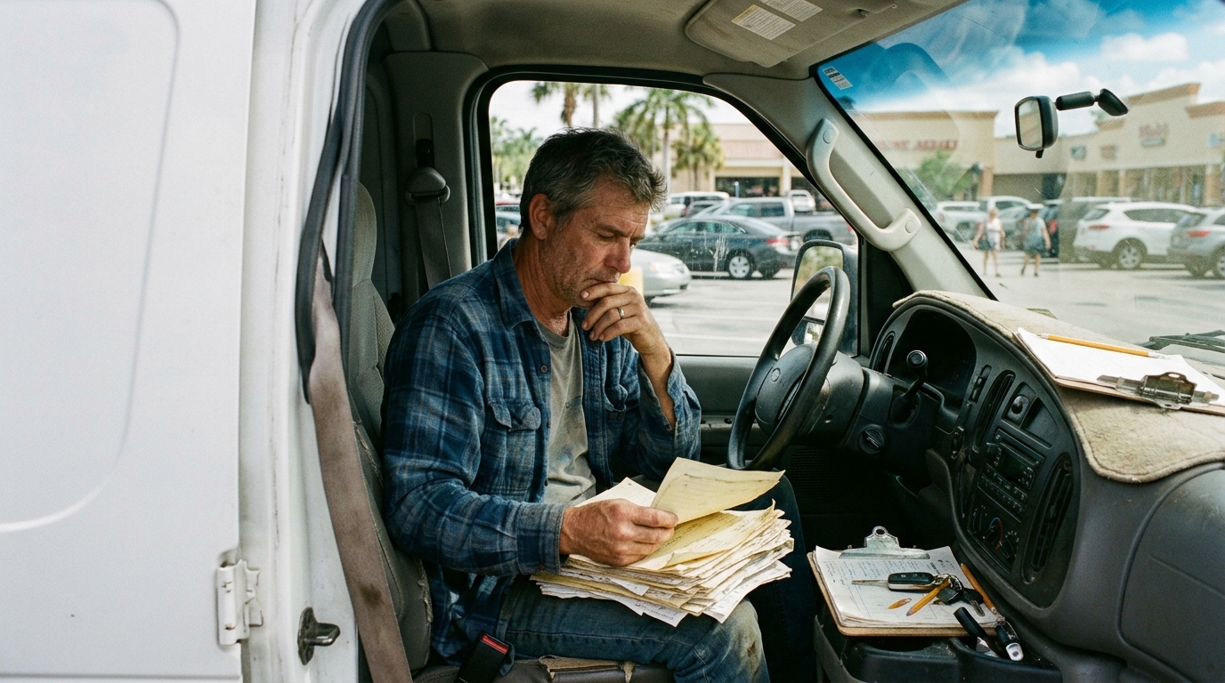 Business owner reviewing paperwork in work van