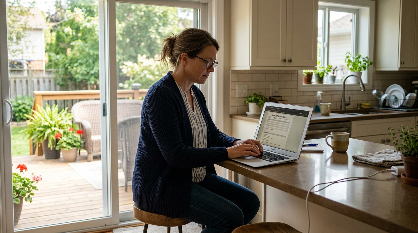 Homeowner filling out repair request on laptop