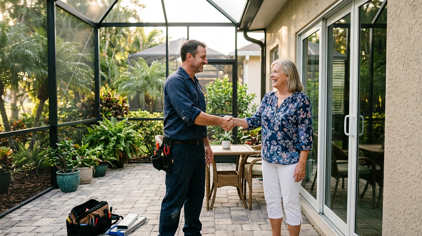 Technician shaking hands with homeowner after repair